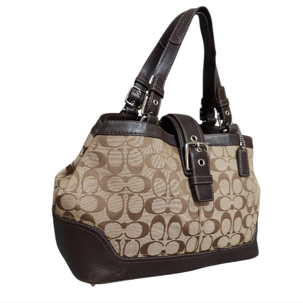 Coach Y2K Hamptons Jacquard & Leather Flap Buckle Shoulder Tote EUC - Picture 6 of 11